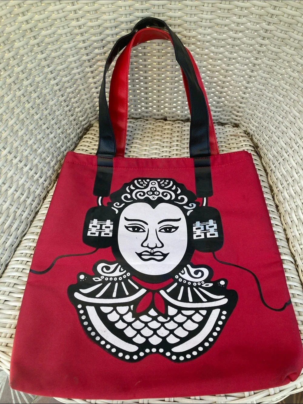 Red Graphic Messenger Tote with Black & White Opera Motif